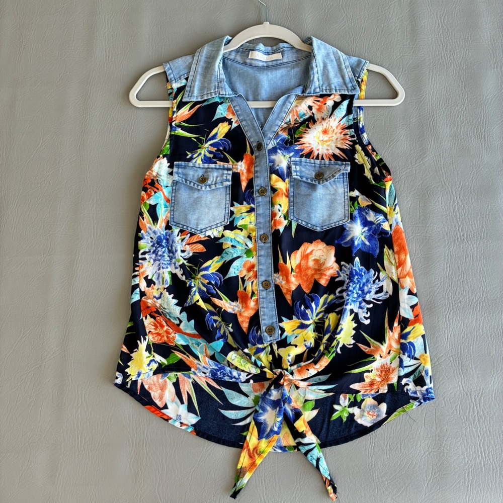May & Co Women's Dopamine Sheer Floral Button Up Denim Trim Front Tie Top Small